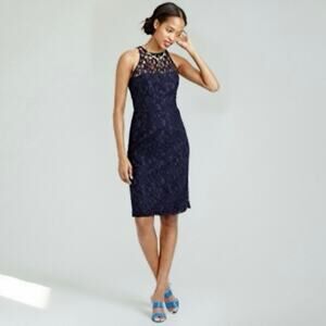 J. Crew Pamela Leavers Lace Dress Blue Size 14 Elegant Sheath